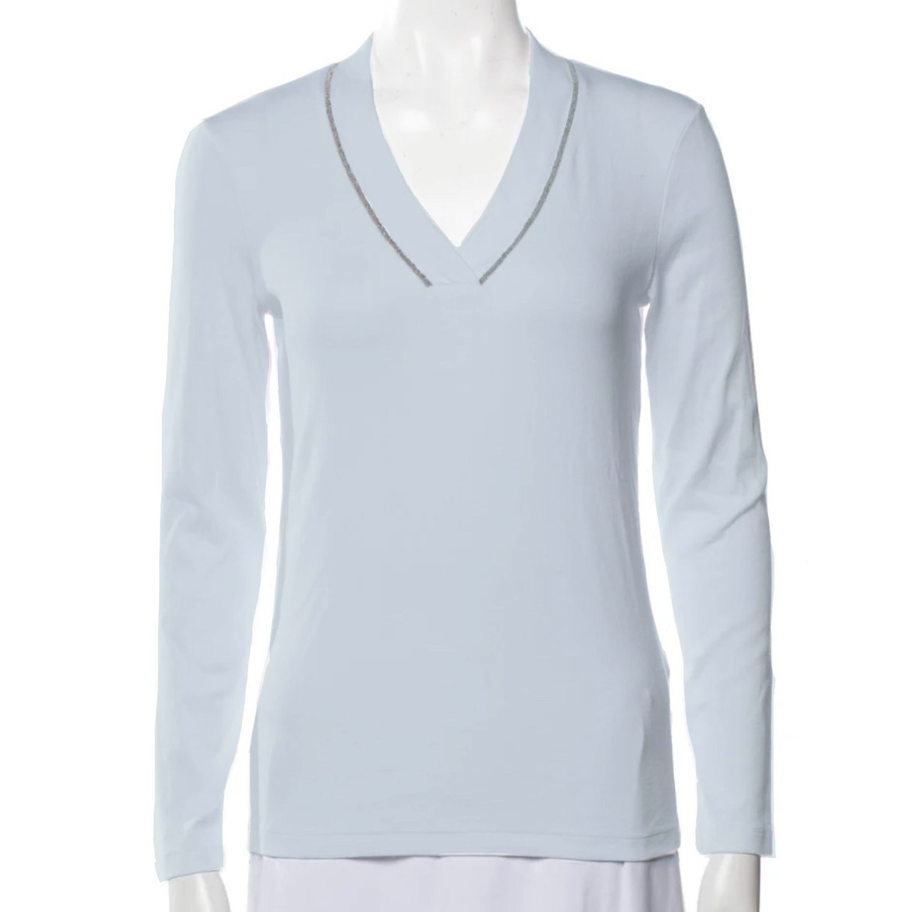 Fabiana Filippi Long Sleeve Deep V-Neck Jersey T-Shirt in Sky, Size 42