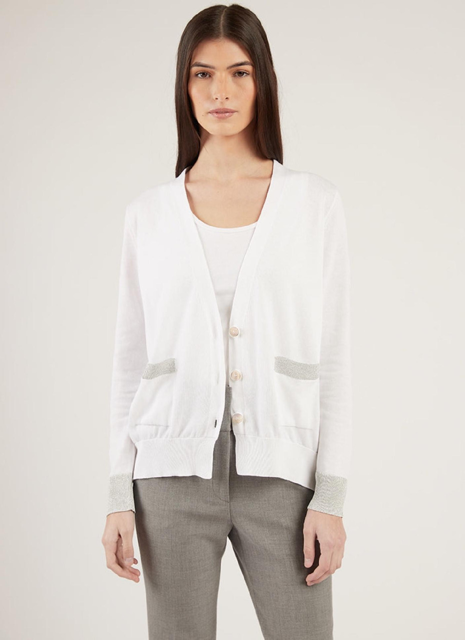 Fabiana Filippi Cotton Cardigan with Metallic Stripe Trim in White, Size 48