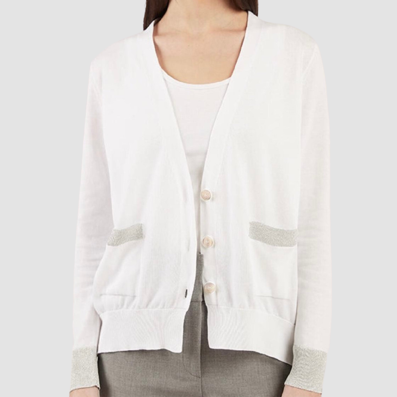 FABIANA FILIPPI アイボリー コットンロングカーディガン Fabiana Filippi Cotton Cardigan with Metallic Stripe Trim in