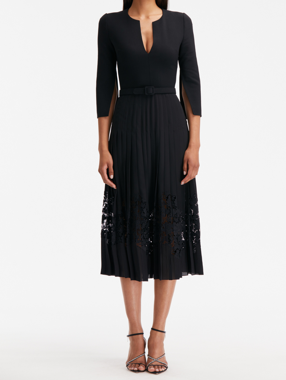 Oscar de la Renta Pleated Chiffon & Guipure Inset Dress in Black