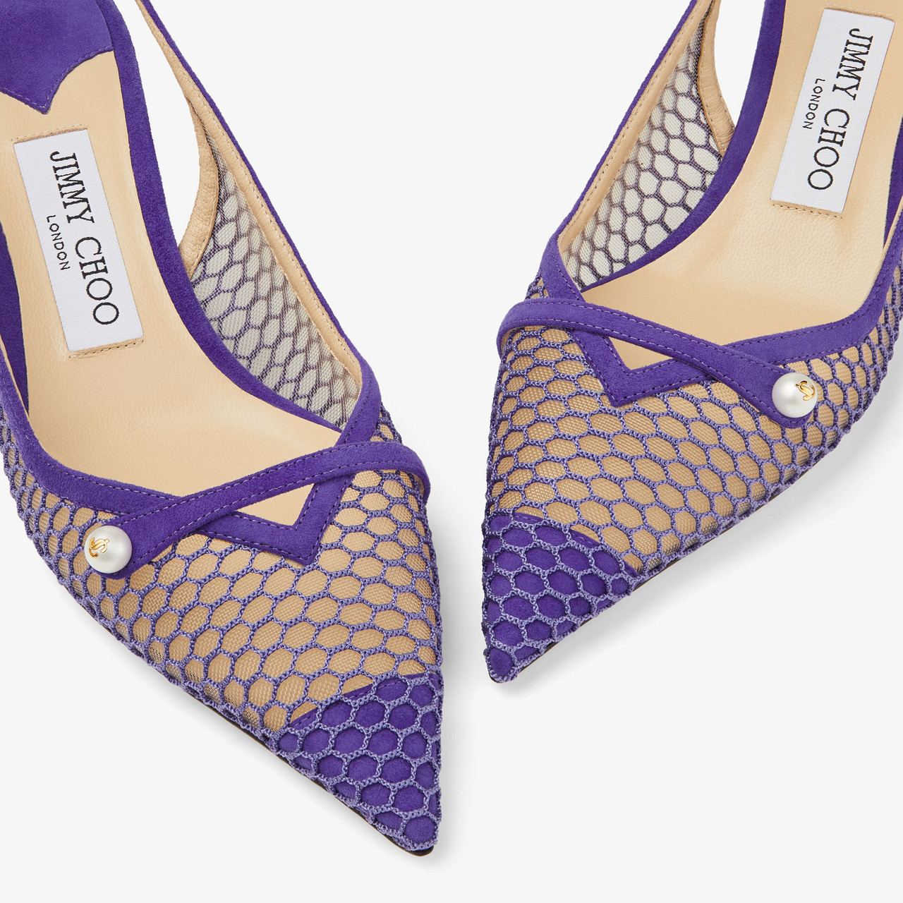 Jimmy Choo Amita 45 Fishnet and Mesh Slingback Pumps in Purple