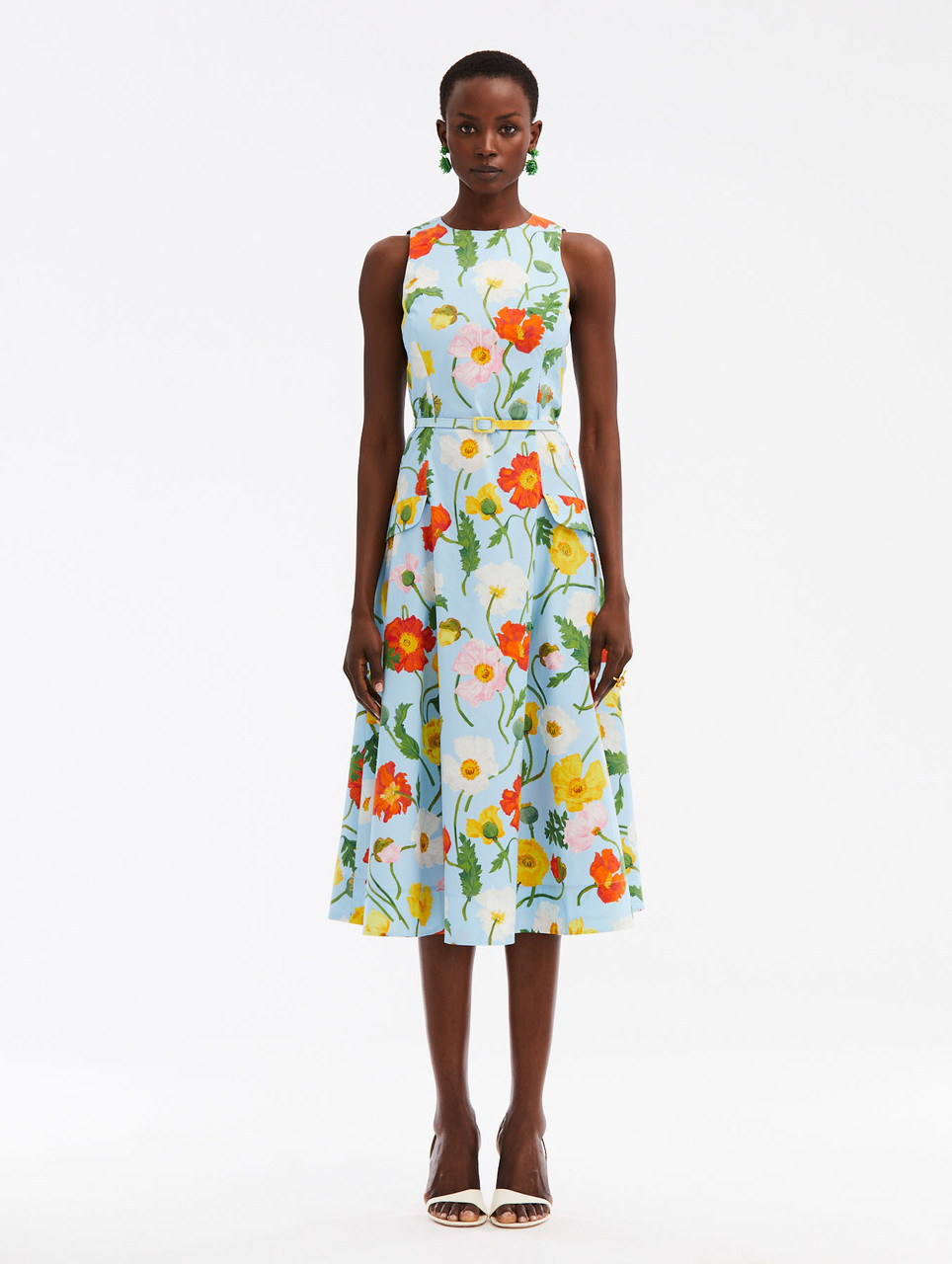 Oscar de la Renta Sleeveless Floral Tapestry Faille Dress in Mint Multi