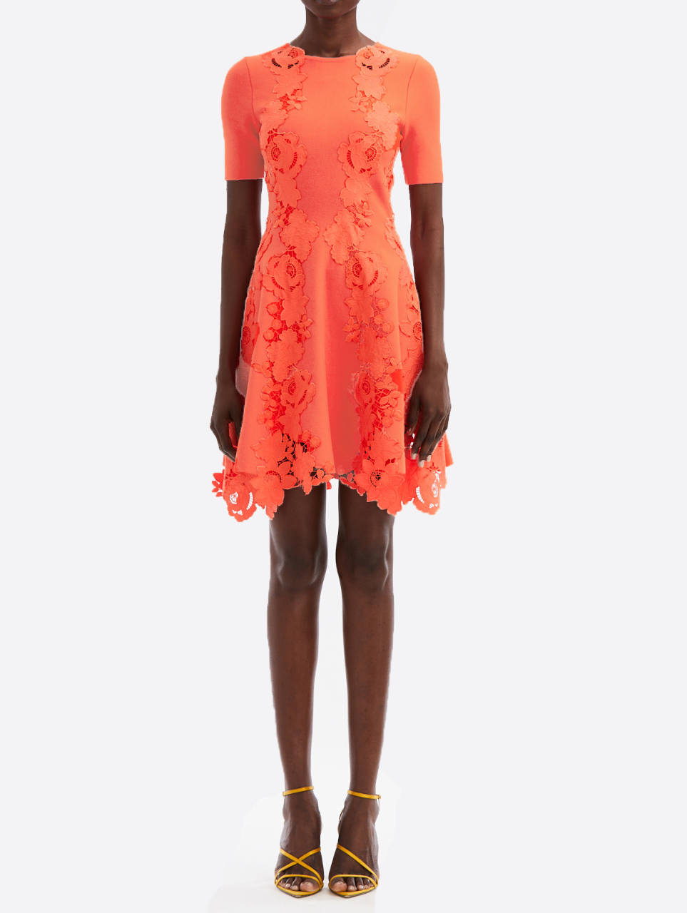 Oscar de la Renta Short Sleeve Mixed Botanical Guipure Inset Dress in Tiger Lily Oscar de la Renta Short Sleeve Mixed Botanical Guipure Inset Dress in Tiger Lily