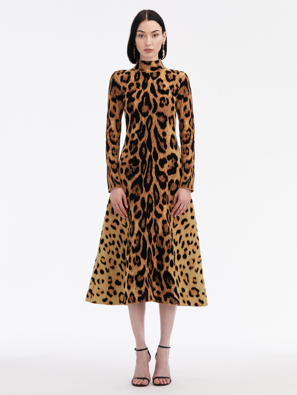 *VIRTUAL TRUNK SHOW* Oscar de la Renta Long Sleeve Mock Neck Jaguar Printed  Knit Dress in Beige Multi