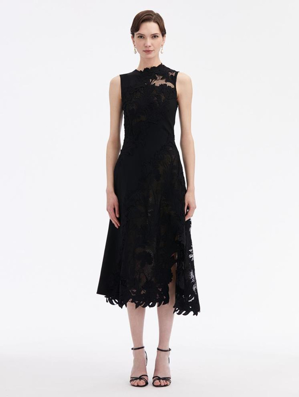 Oscar de la Renta Marbled Carnation Guipure Inset Dress in Black, Size 6