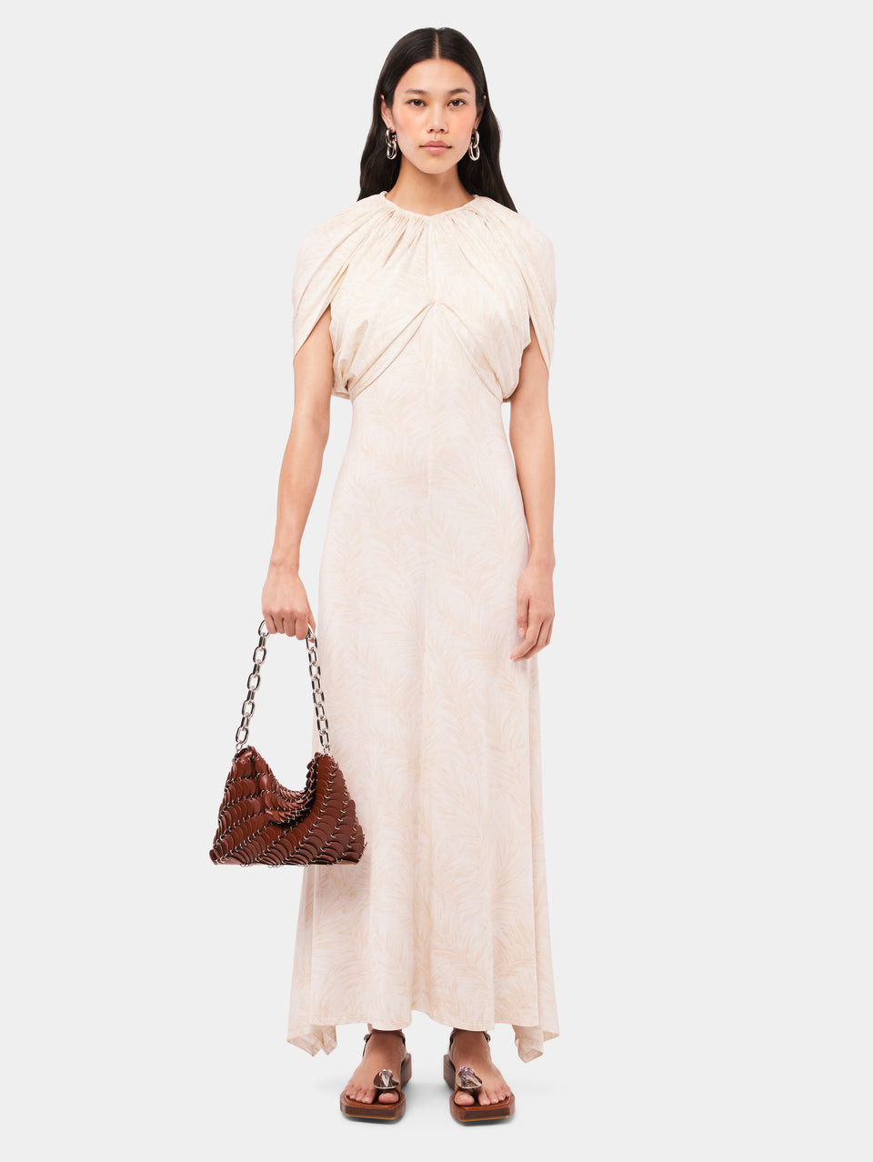 Rabanne Long Dress with Feather Print and Draping Details