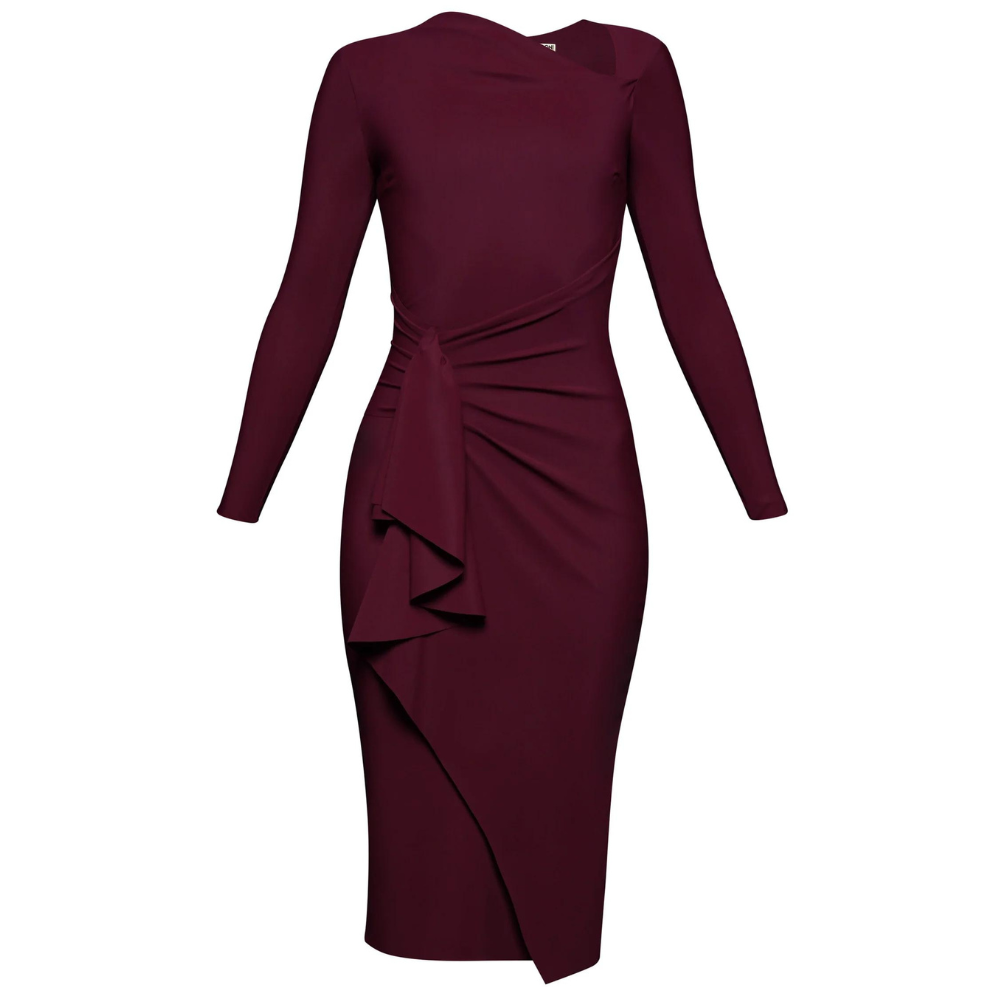 petite burgundy formal dress RED BODYCON LONG SLEEVED ORGANZA MAXI DRESS IN RED | CULT MIA main image 0