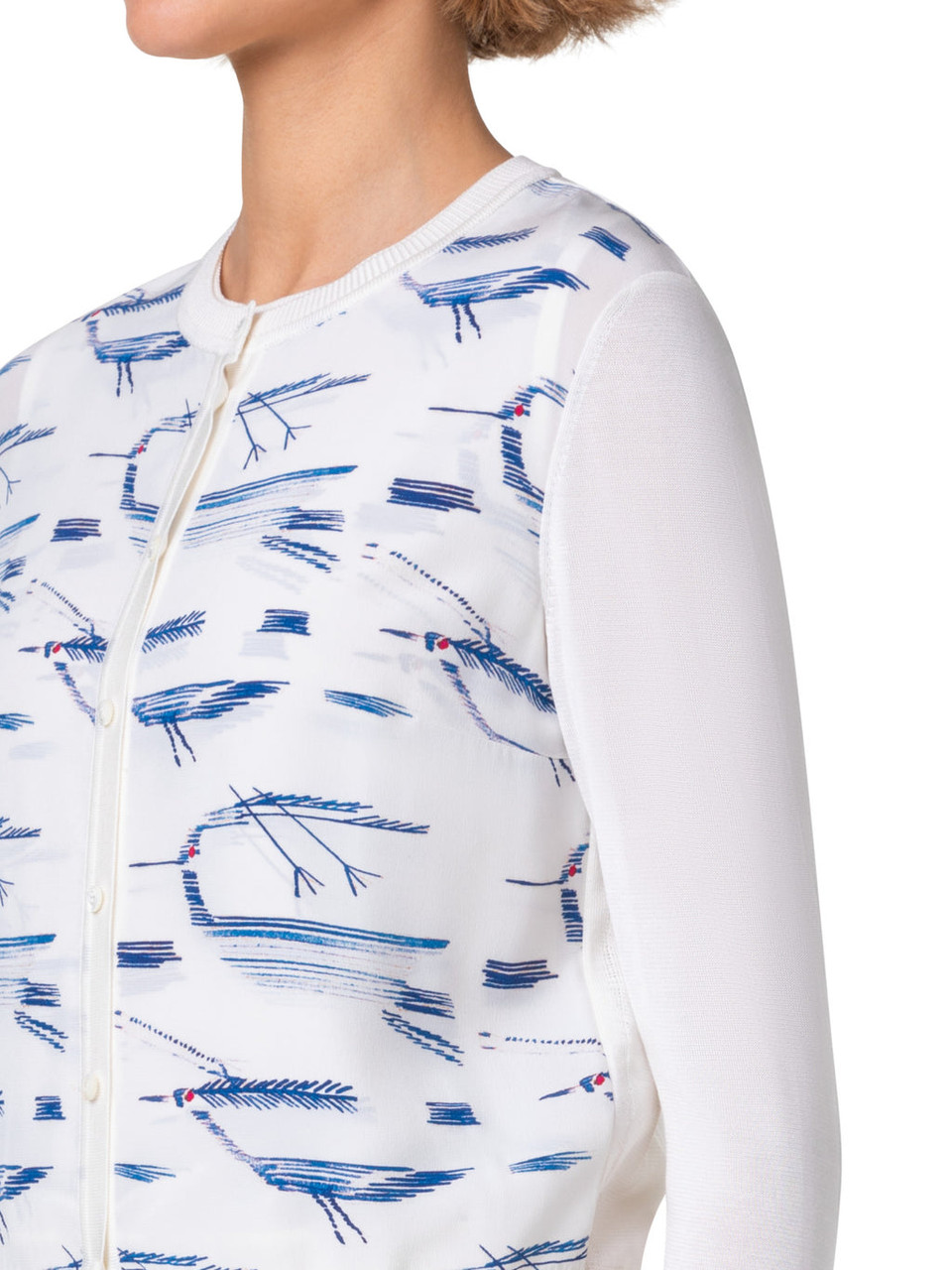 Akris Silk Knit Cardigan with Kasuri Birds Print in Ecru/Denim