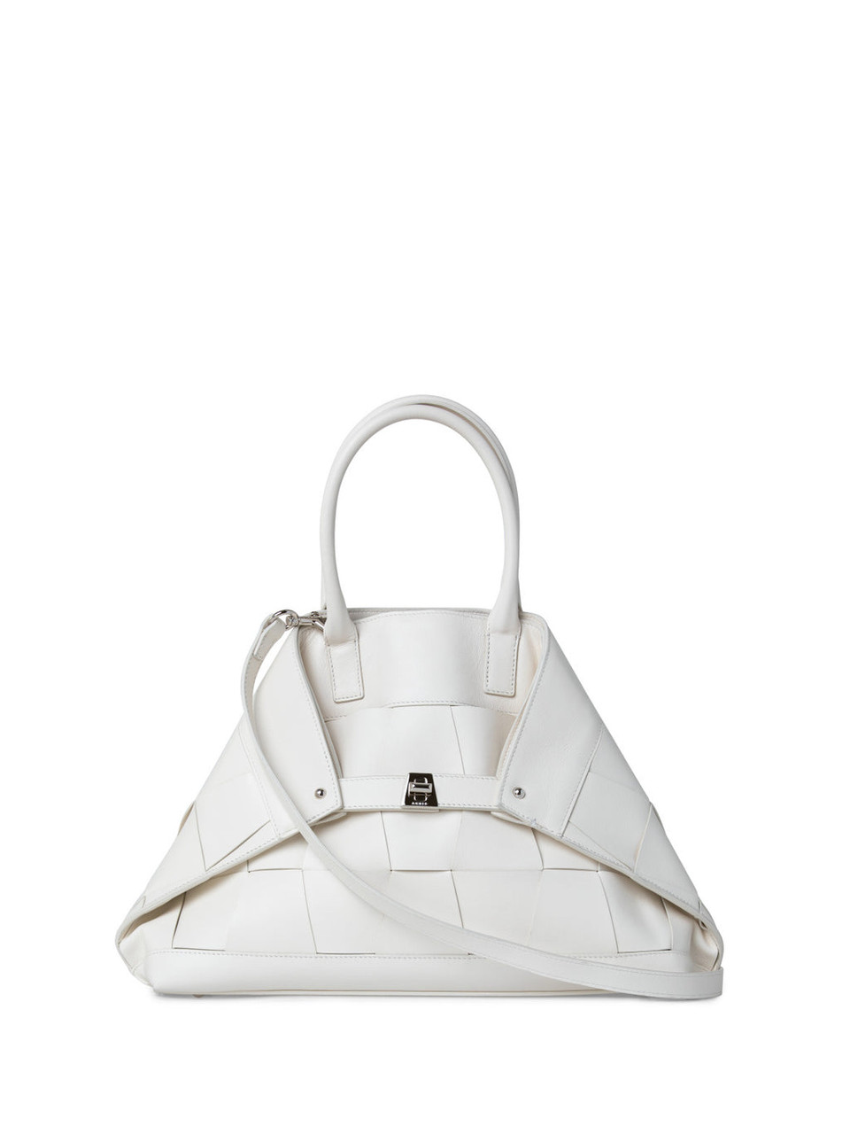 Akris Small Ai Messenger Bag In Braided Leather Trapezoids in White