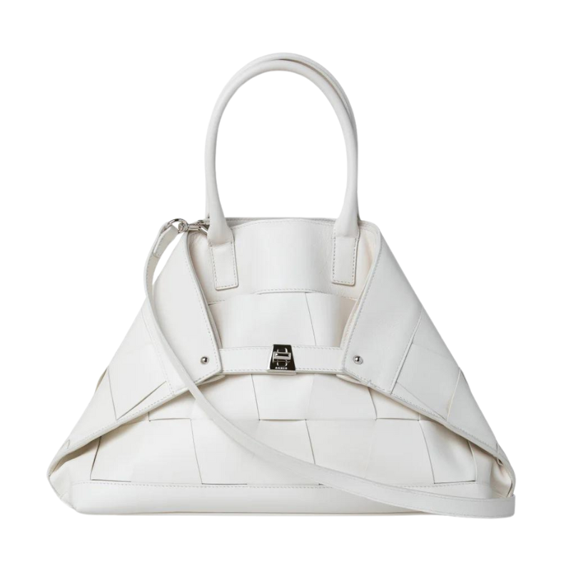Akris Small Ai Messenger Bag In Braided Leather Trapezoids in White