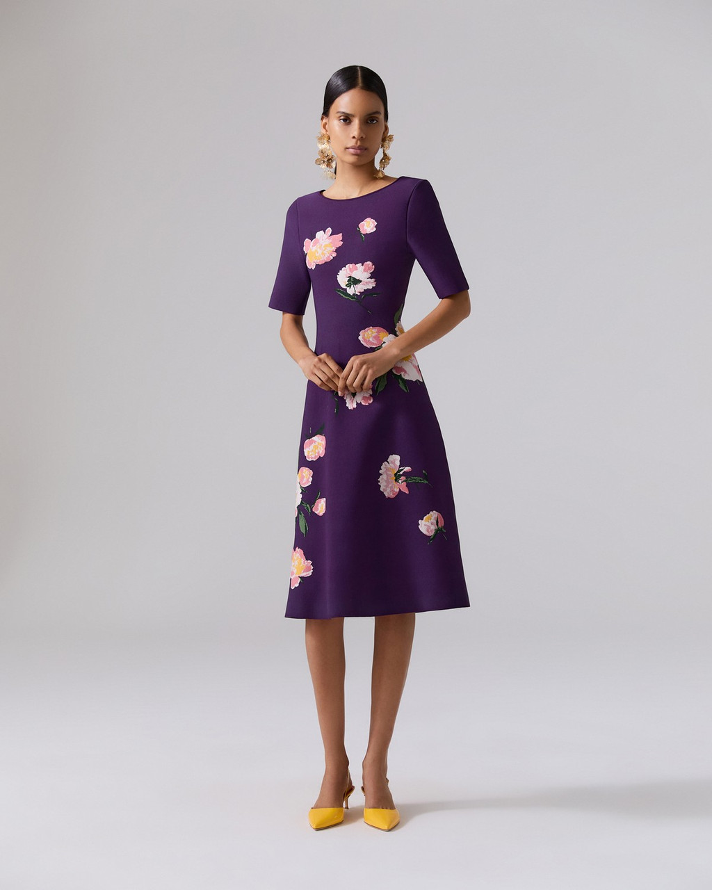 Carolina Herrera Floral Jacquard Boat-Neck Dress in Fig Multi