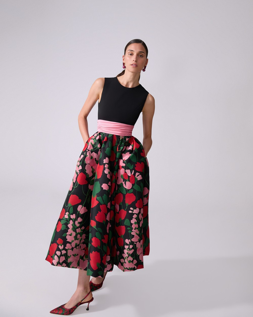 Carolina Herrera Floral-Print Cummerbund-Waist Dress in Carolina Herrera Floral-Print Cummerbund-Waist Dress in