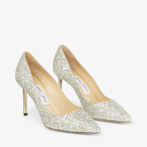 Jimmy Choo Romy 85 Coarse Glitter Fabric Pumps in Champagne, Size 42