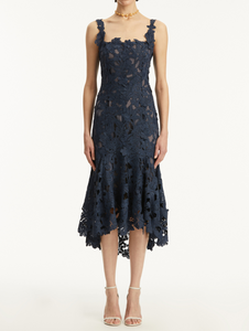 Oscar de la Renta Strapless Guipure Asymmetrical Day Dress in Denim Blue, Size 4 Oscar de la Renta Strapless Guipure Asymmetrical Day Dress in Denim Blue, Size 4