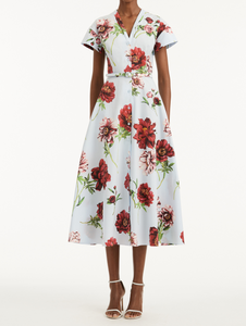 Oscar de la Renta Peony Cotton Poplin Short Sleeve Dress in Blue Quartz Multi, Size 10 Oscar de la Renta Peony Cotton Poplin Short Sleeve Dress in Blue Quartz Multi, Size 10