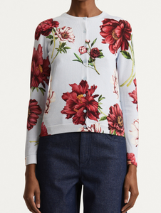 Oscar de la Renta Peony Printed Cardigan in Blue Quartz, Size Medium