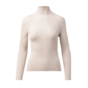 Akris Fine Rib Cashmere Silk Mock Neck Pullover in Greige, Size 4 Akris Fine Rib Cashmere Silk Mock Neck Pullover in Greige, Size 4