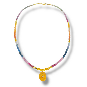 *SIP & SHOP EVENT* Mara Labell Designs 18K Gold Allure Multi Sapphire Faceted Rondelle and Diamond Medallion Necklace, 16" *SIP & SHOP EVENT* Mara Labell Designs 18K Gold Allure Multi Sapphire Faceted Rondelle and Diamond Medallion Necklace, 16"