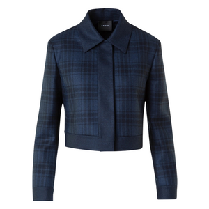 Akris Lewitt Check Wool Double-Face Crop Jacket in Denim-Black, Size 12 Akris Lewitt Check Wool Double-Face Crop Jacket in Denim-Black, Size 12