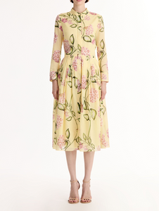 *VIRTUAL TRUNK SHOW* Oscar de la Renta Long Sleeve Porcelain Flowers Cotton Voile Dress