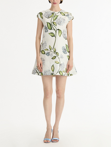 *VIRTUAL TRUNK SHOW* Oscar de la Renta Short Sleeve Allover Porcelain Flowers Day Dress