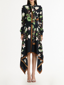 *VIRTUAL TRUNK SHOW* Oscar de la Renta Long Sleeve Chine Cyclamen Silk Asymmetrical Day Dress *VIRTUAL TRUNK SHOW* Oscar de la Renta Long Sleeve Chine Cyclamen Silk Asymmetrical Day Dress