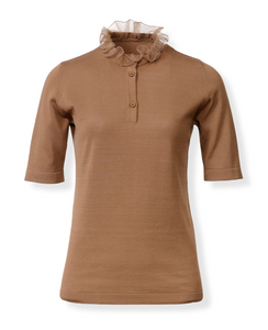 *VIRTUAL TRUNK SHOW* Fabiana Filippi Cotton Henley Short Sleeve Sweater with Tulle Ruffle *VIRTUAL TRUNK SHOW* Fabiana Filippi Cotton Henley Short Sleeve Sweater with Tulle Ruffle