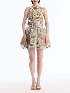 *VIRTUAL TRUNK SHOW* Oscar de la Renta Sleeveless Mixed Botanical Floral Lace Cocktail Dress