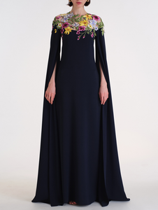 *VIRTUAL TRUNK SHOW* Oscar de la Renta Long Sleeve Mixed Botanical Embroidered Georgette Caftan