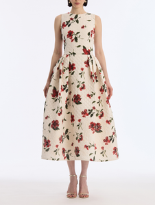 *VIRTUAL TRUNK SHOW* Oscar de la Renta Sleeveless Hibiscus Silk Quilted Embroidered Dress