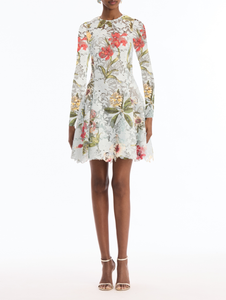 *VIRTUAL TRUNK SHOW* Oscar de la Renta Long Sleeve Multi Floral Print Lace Day Dress