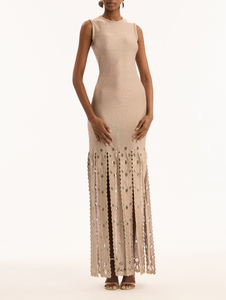 *VIRTUAL TRUNK SHOW* Oscar de la Renta Sleeveless Pineapple Fringe Metallic Jersey Dress