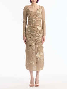 *VIRTUAL TRUNK SHOW* Oscar de la Renta Long Sleeve Scoop Neck Mesh Knit Dress With Threadwork Patches