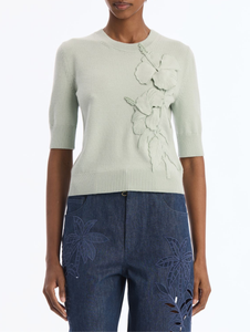 *VIRTUAL TRUNK SHOW* Oscar de la Renta 3/4 Sleeve Hibiscus Appliques Shortsleeve Pullover