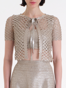 *VIRTUAL TRUNK SHOW* Oscar de la Renta Crochet Short Sleeve Cardigan Silver Foil