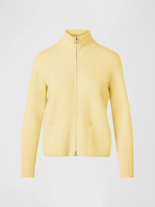 Akris Cashmere Piqué Stand-Collar Cardigan in Sun, Size 12