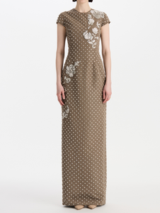 *VIRTUAL TRUNK SHOW* Oscar de la Renta Short Sleeve Crystal Floral Grid Embroidered Gown