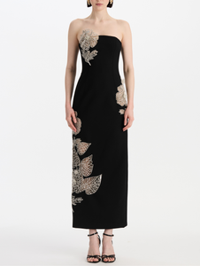 *VIRTUAL TRUNK SHOW* Oscar de la Renta Strapless Crystal Eaten Leaves Wool Cocktail Dress