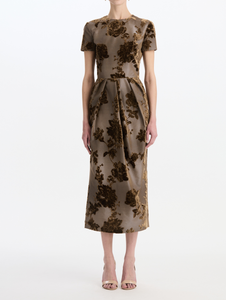 *VIRTUAL TRUNK SHOW* Oscar de la Renta Short Sleeve Peony Velvet Jacquard Cocktail Dress