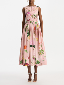 *VIRTUAL TRUNK SHOW* Oscar de la Renta Sleeveless Draped Waist Mixed Botanical Poplin Dress