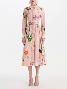 *VIRTUAL TRUNK SHOW* Oscar de la Renta Long Sleeve Collared Mixed Botanical Cotton Dress