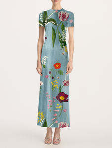 *VIRTUAL TRUNK SHOW* Oscar de la Renta Short Sleeve Mixed Botanical Milano Jersey Dress