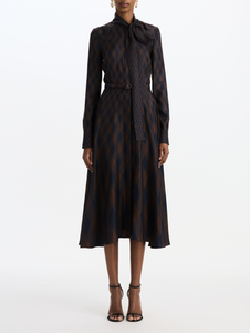 *VIRTUAL TRUNK SHOW* Oscar de la Renta Long Sleeve Tie Neck Argyle Silk Twill Day Dress
