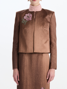 *VIRTUAL TRUNK SHOW* Oscar de la Renta Long Sleeve Painted Ground Satin Floral Embroidered Jacket