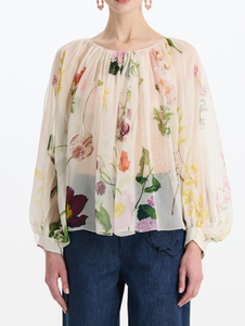 *VIRTUAL TRUNK SHOW* Oscar de la Renta Long Sleeve Mixed Botanical Silk Chiffon Blouse