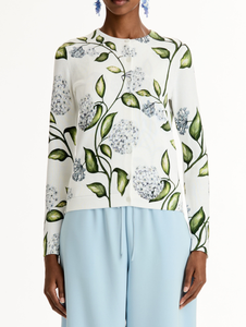 Oscar de la Renta Porcelain Flower-Printed Cardigan in Denim/White, Size X-Large