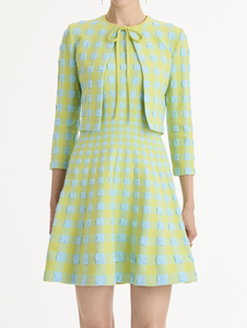 Oscar de la Renta Gingham Cardigan in Cerulean/Pear, Size Medium