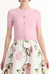 Oscar de la Renta Floral Button Cropped Cardigan in Pink, Size X-Small