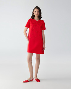 Carolina Herrera Carnation-Embroidered Mini Dress in Herrera Red, Size 6