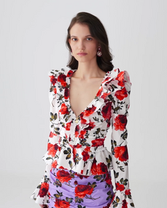 Carolina Herrera Rose-Print Ruched Ruffle Top in White/Multi, Size 4
